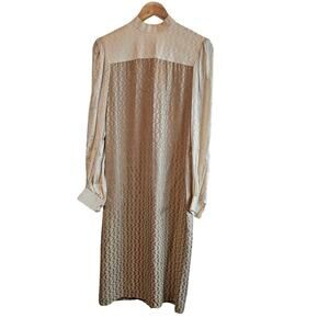 Vintage Adele Simpson Silk Dress Womens Med Tan Mod Preppy 60s Glam Silky Modest